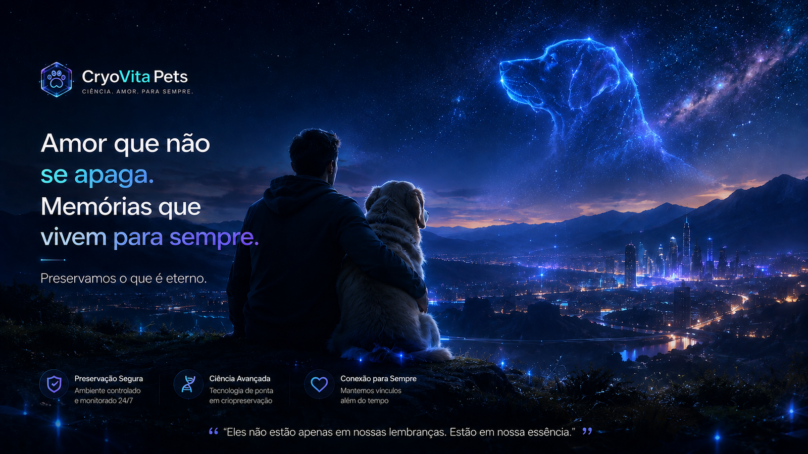 Imagem conceitual sob céu estrelado para CryoVita Pets